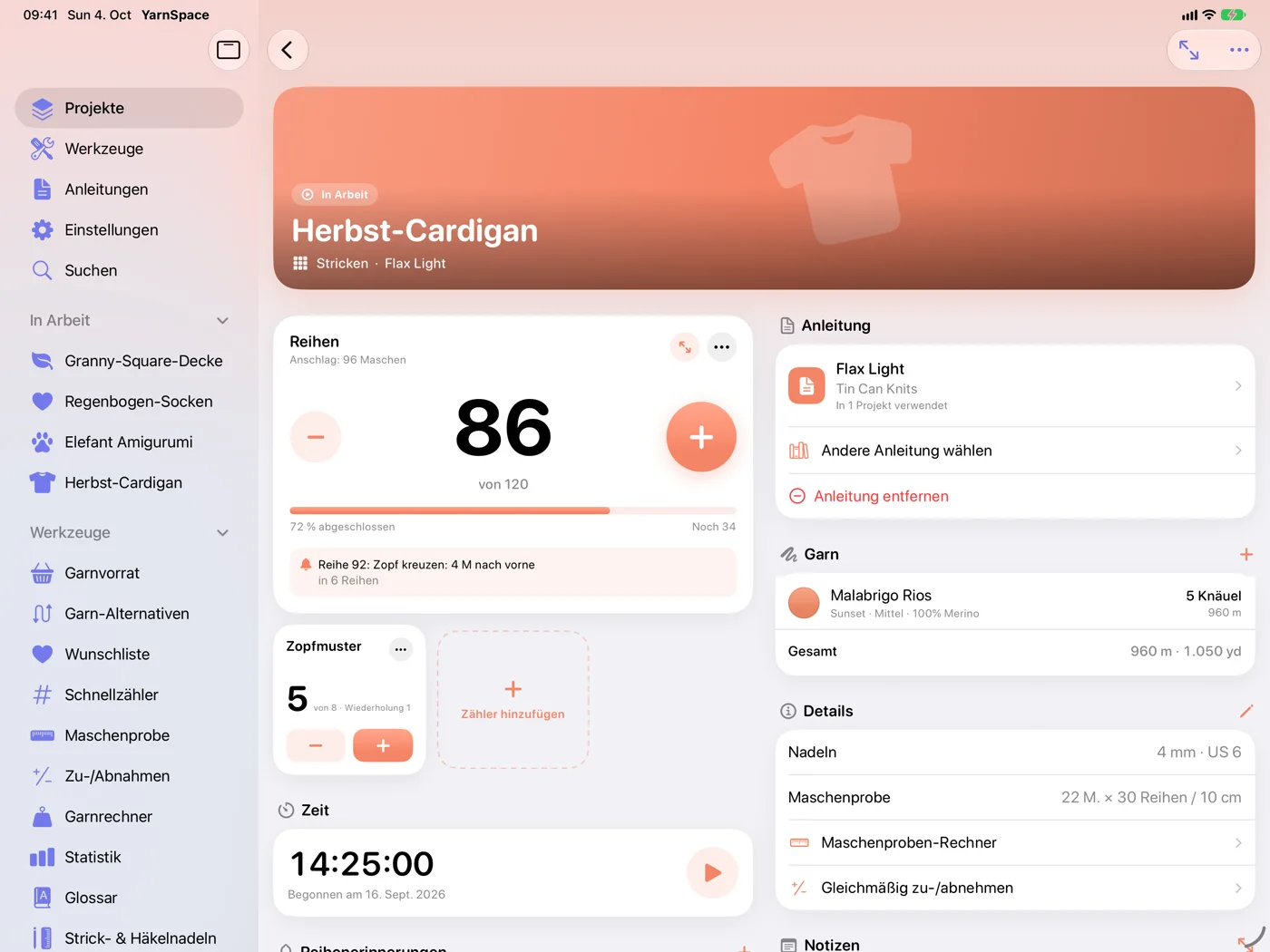 YarnSpace auf dem iPad: ein Projekt mit Reihenzähler, Anleitung, Garn und Details