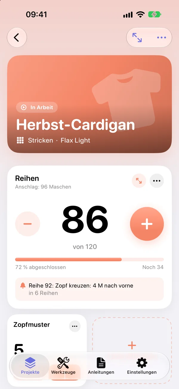 YarnSpace auf dem iPhone: Reihenzähler