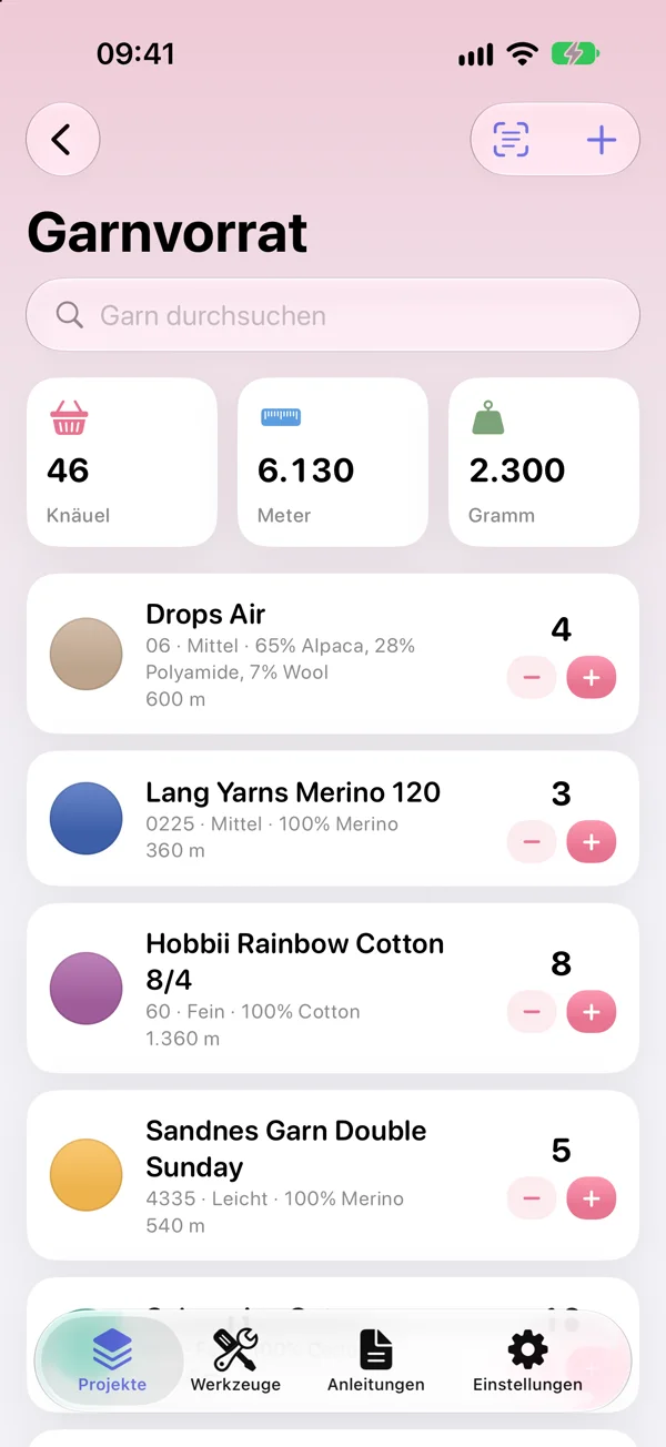 YarnSpace auf dem iPhone: Garnvorrat