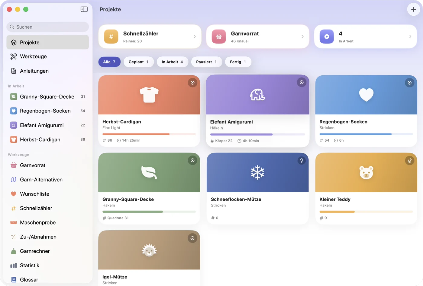 YarnSpace auf dem Mac: die Projektübersicht mit Seitenleiste