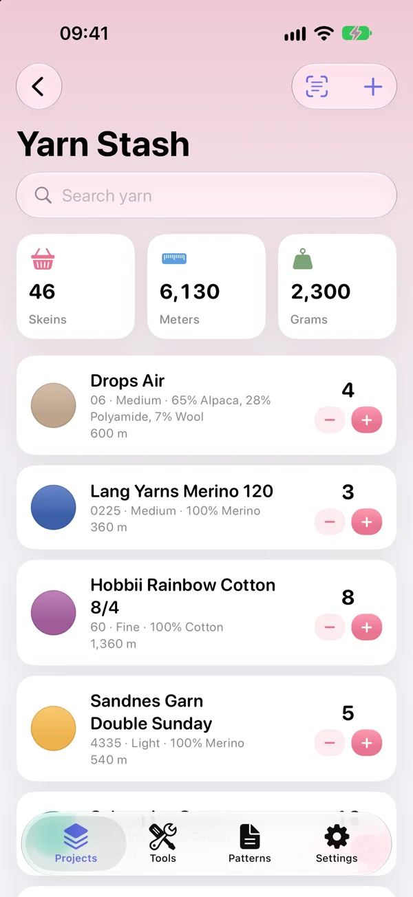 YarnSpace on iPhone: Yarn stash